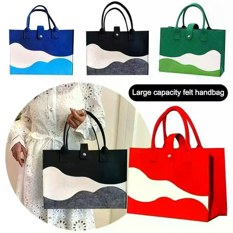 Large Capacity Felt Tote Bag Wavy Color Block Design Snap Closure Water Repellent for Daily Shopping Work Travel