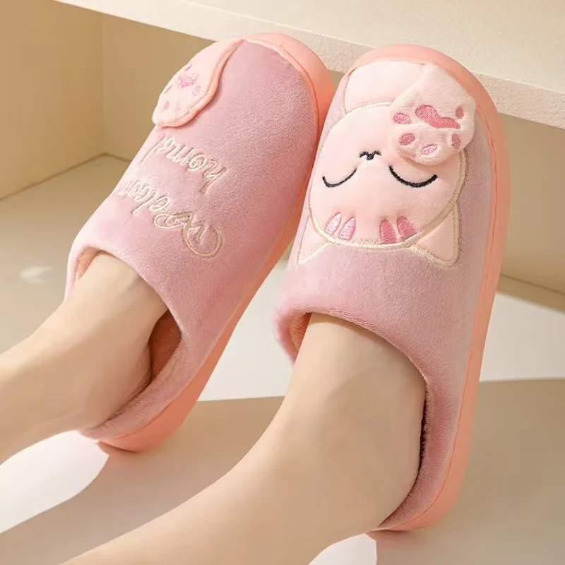 Women Winter Warm Slippers Cartoon Cat Shoes Furry Plush Slides Round Toe Flats Indoor Home Bedroom Floor Slippers Ladies Shoe