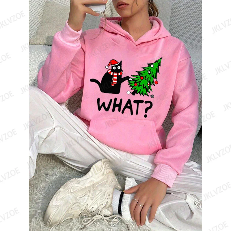 Christmas Tree & Cat Fashion Print Hooded Pullover Sweatshirt With Pockets Womens Sportswear Autumn Cotton Hooded Christmas Gift