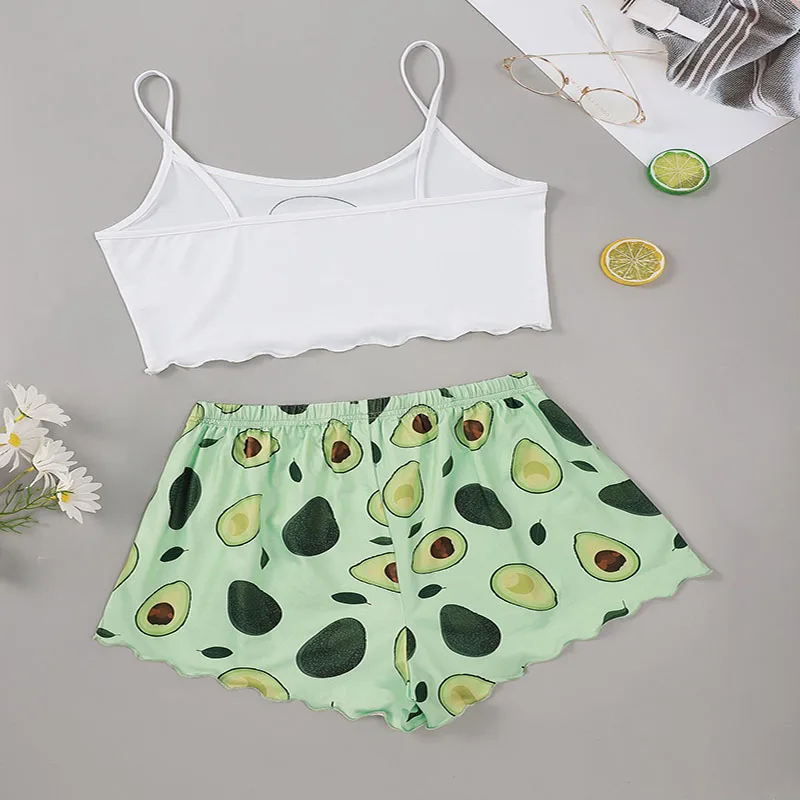 Summer Ladies Sexy Camisole Top Shorts Two Piece Avocado Printed Loungewear Sleeveless Tank Top Green Elastic Waist Women S M L