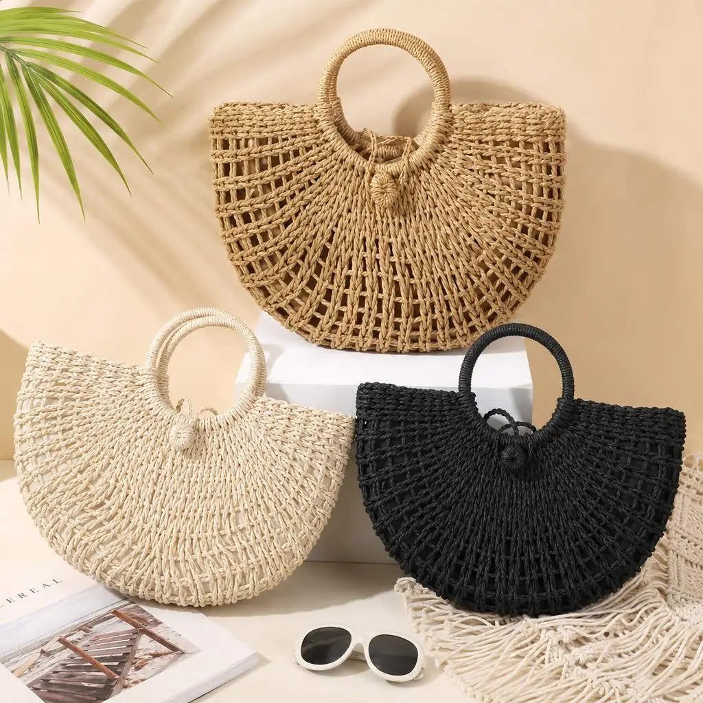 Ladies Straw Woven Bag, Handwoven Ladies Beach Bag, Curved Top Handle Tote Bag, Large Capacity Handbag, Fashionable Women's Bag.