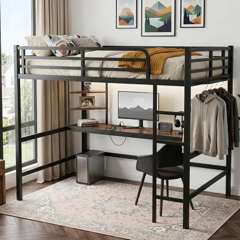 Queen Size Metal Loft Bed with Desk LED Lights USB Black