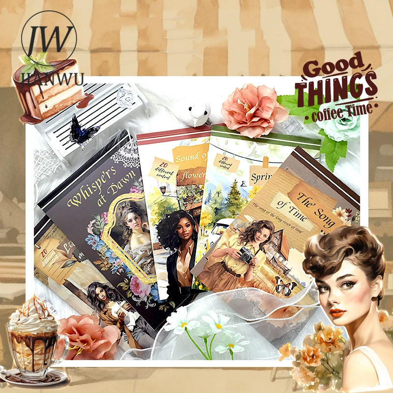 JIANWU 20 Sheets Vintage Character Landscaping Material Decor PET Sticker Book Creative DIY Journal Collage Stationery