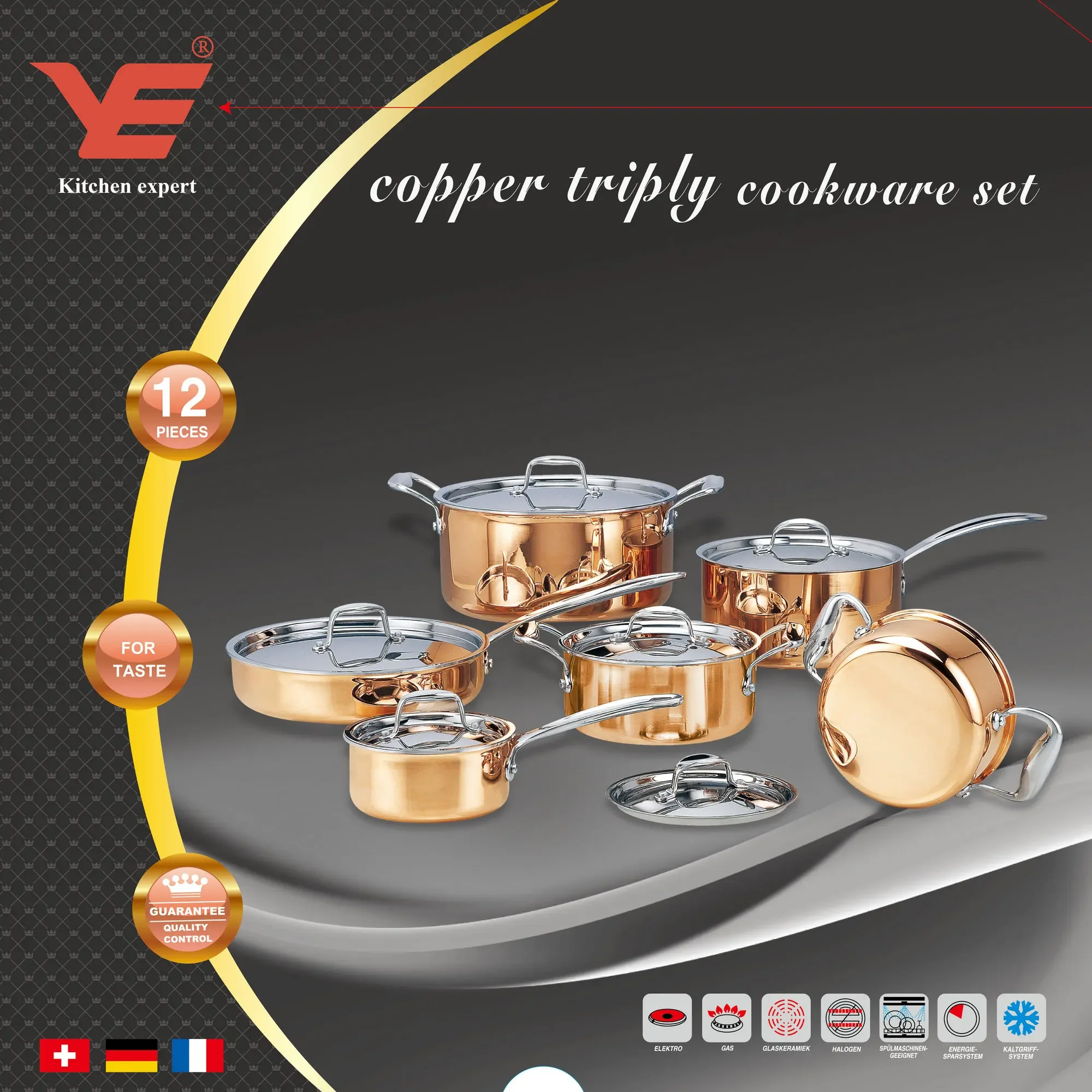 Luxury Ready To Ship 12pcs Triply Copper Cookware Copper Pot Stainless Cookware Cooking Pot Set