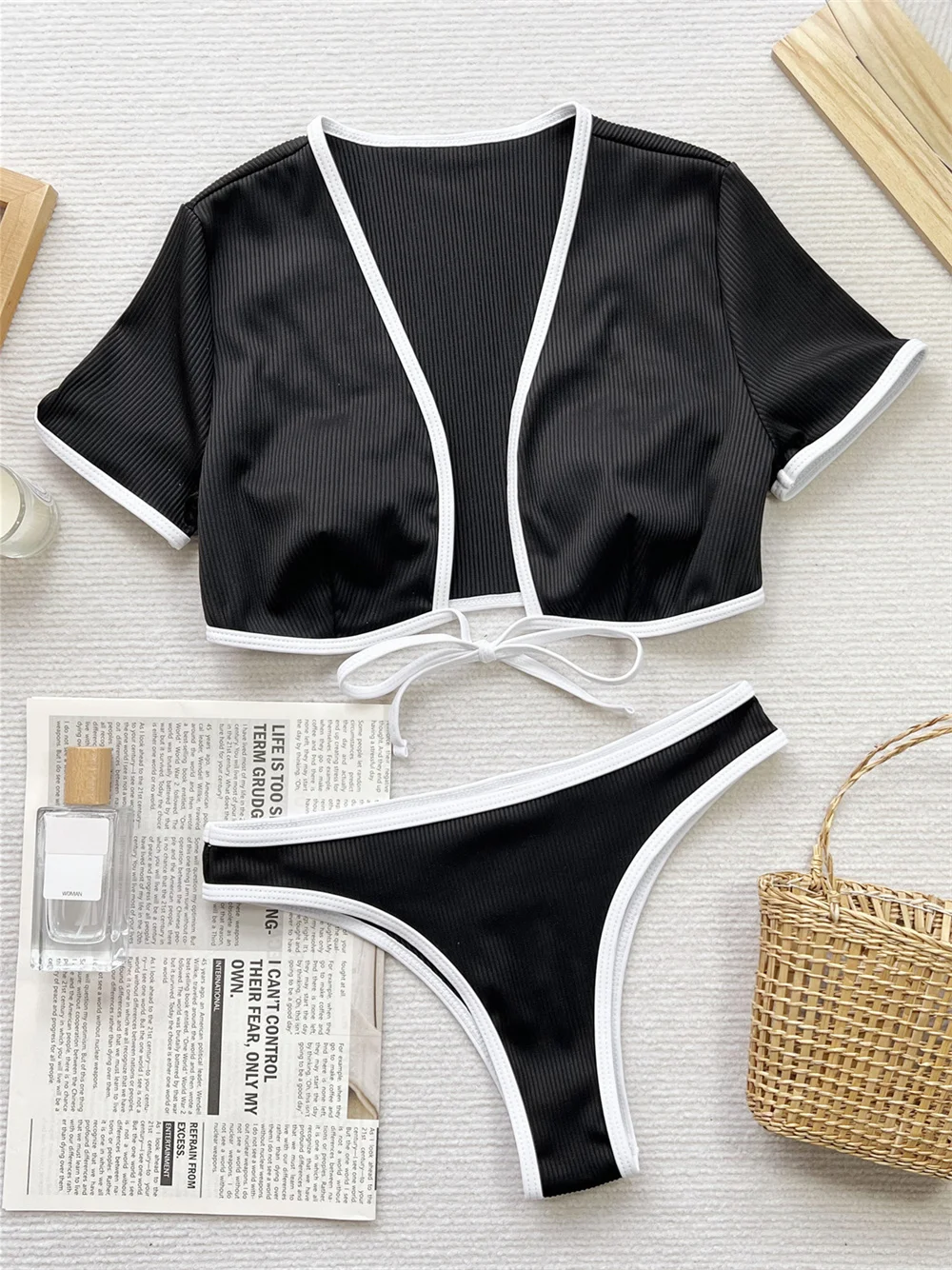 Bikini con borde blanco, Tankini negro Y2K con cordón, traje de baño con cordones, traje de baño extremo, Micro Tanga, traje de vacaciones para mujer, ropa de playa y Yoga