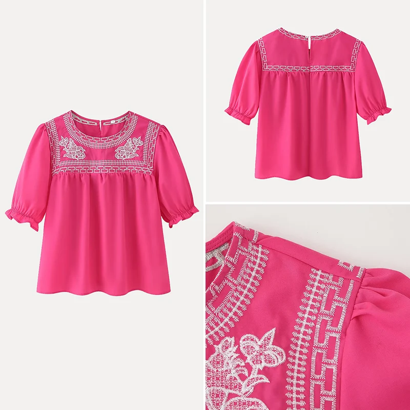 

Spring 2025 Women's Faion Simple Elegance Retro Embroidered ort Sve irt round Neline Novel Polyester Fiber