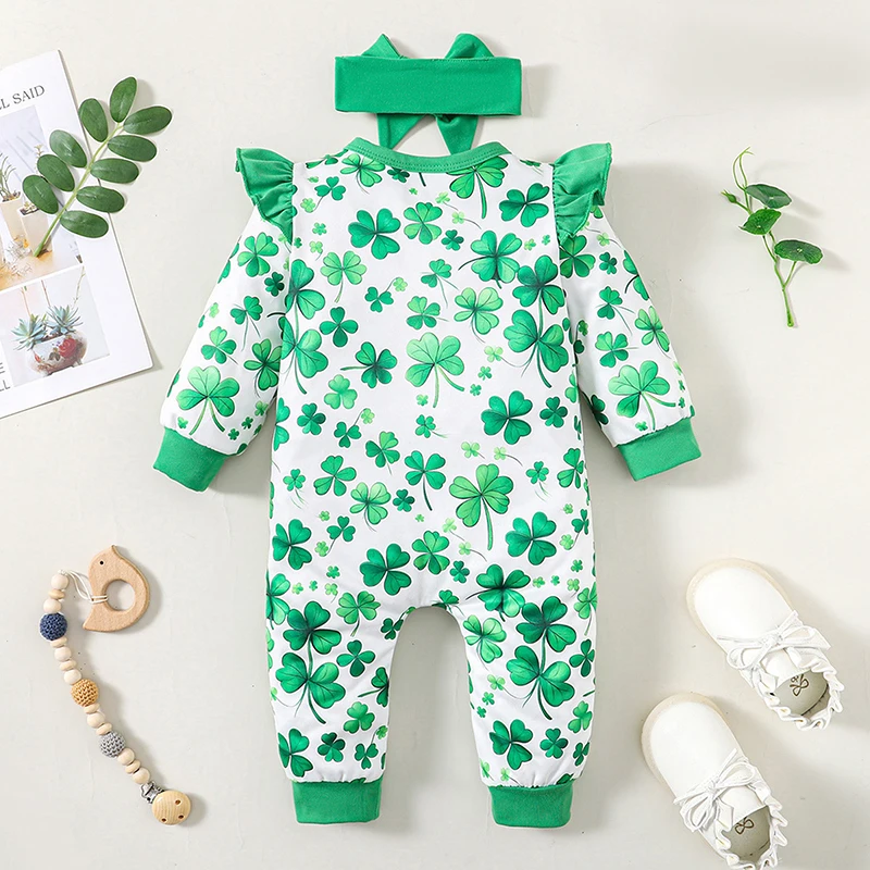 St Patrick s Day Baby Girls Outfit Green Clover Print Romper with Matching Headband Set Festive Irish Festival Wear