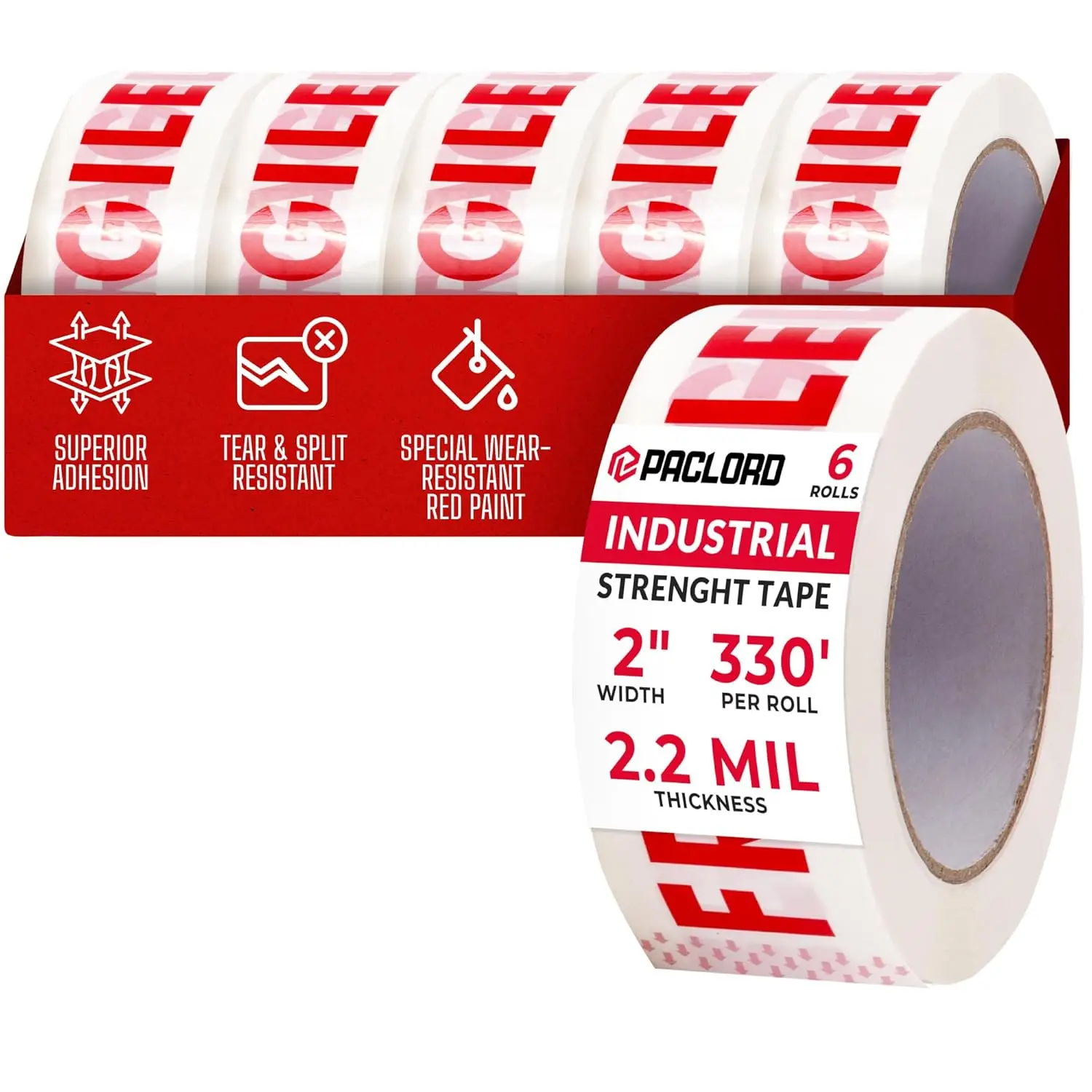 

Fragile Sign Tape 2" x 110 Yard Clear Packing Tape, 2.2 Mil Thick, Pack of 6, Red & White - Heavy-Duty Printed Packing T