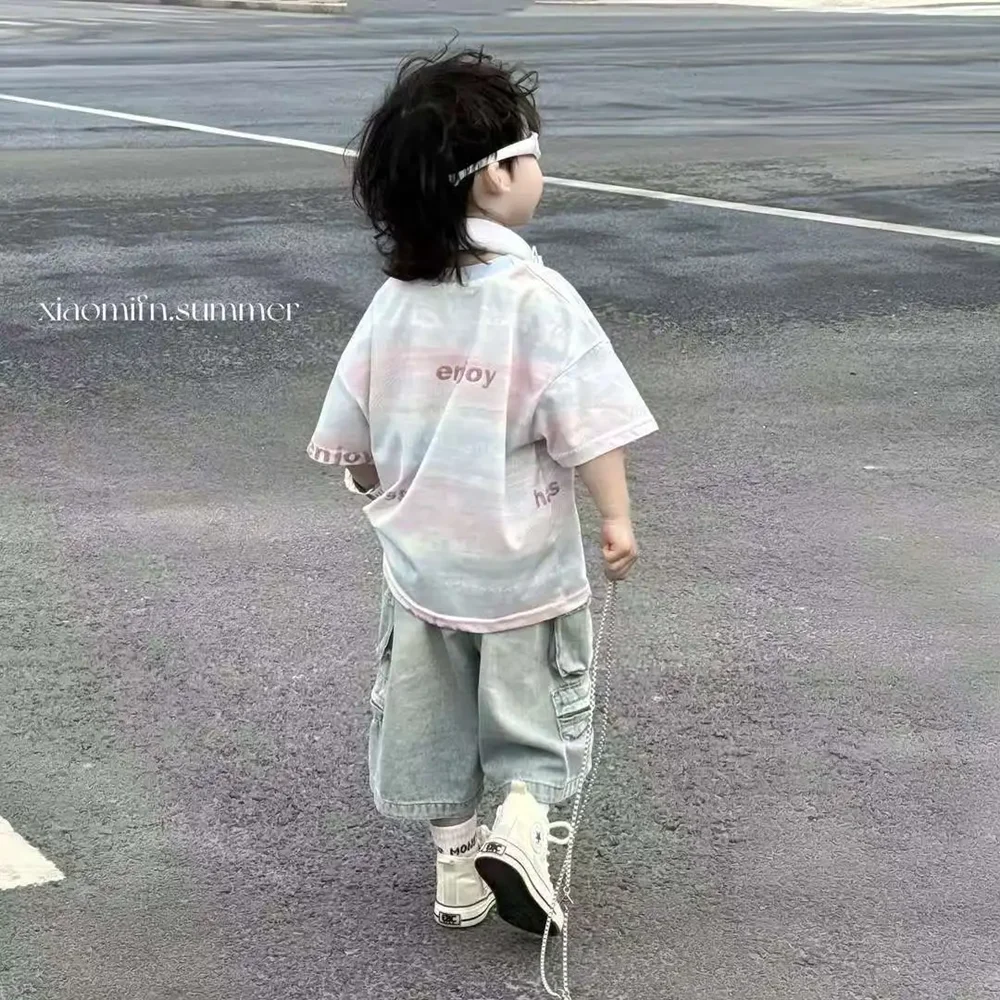 Boys' Set Summer New Korean Version Children's Letter Tie Dye T-shirt+denim Shorts Two-piece set