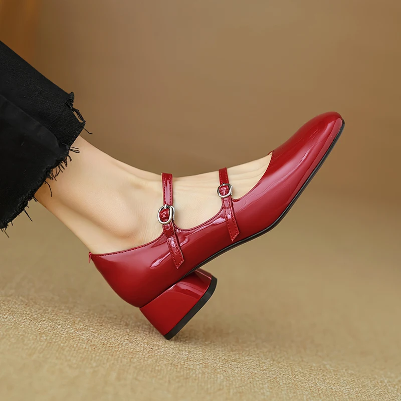 Thick Heels Spring Autumn Buckle Pumps Womens 2024 Shoes French Simple Shoes On Heel 5CM Korea Style Patent Leather Silver Pumps