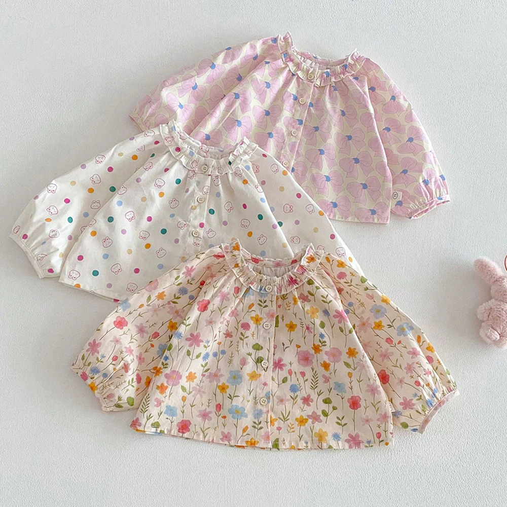 

Детские блузки и топы в корейском стиле: Новинка 2026 года, весенние рубашки с цветочным принтом, воротником с рюшами и однобортной застежкой для девочек