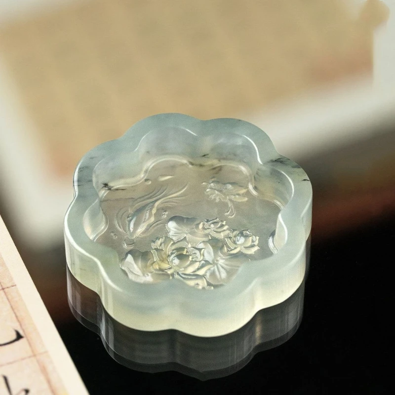 Chinese Inkstone Xiuyan Jade Inkstone Natural Raw Stone Ink Slab Four Treasures Desktop Decor Calligraphy Painting Ornament Set
