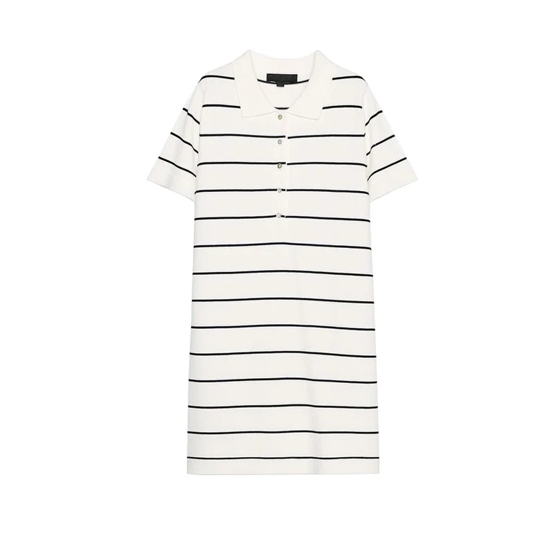 夏の新作 レディース カレッジ風 ボタン飾り ストライプ柄 ニット 半袖 ポロ襟 ミニワンピース カジュアル Aライン ポリエステル