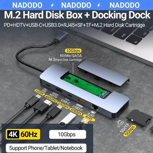 Imagen 1 del producto Hub USB C 8 en 1 y carcasa SSD M.2, compatible con NVME y SATA, con 4K HD, USB 3,0, PD 100W, RJ45 1000M, lector SD/TF para ordenadores portátiles Macbook PC