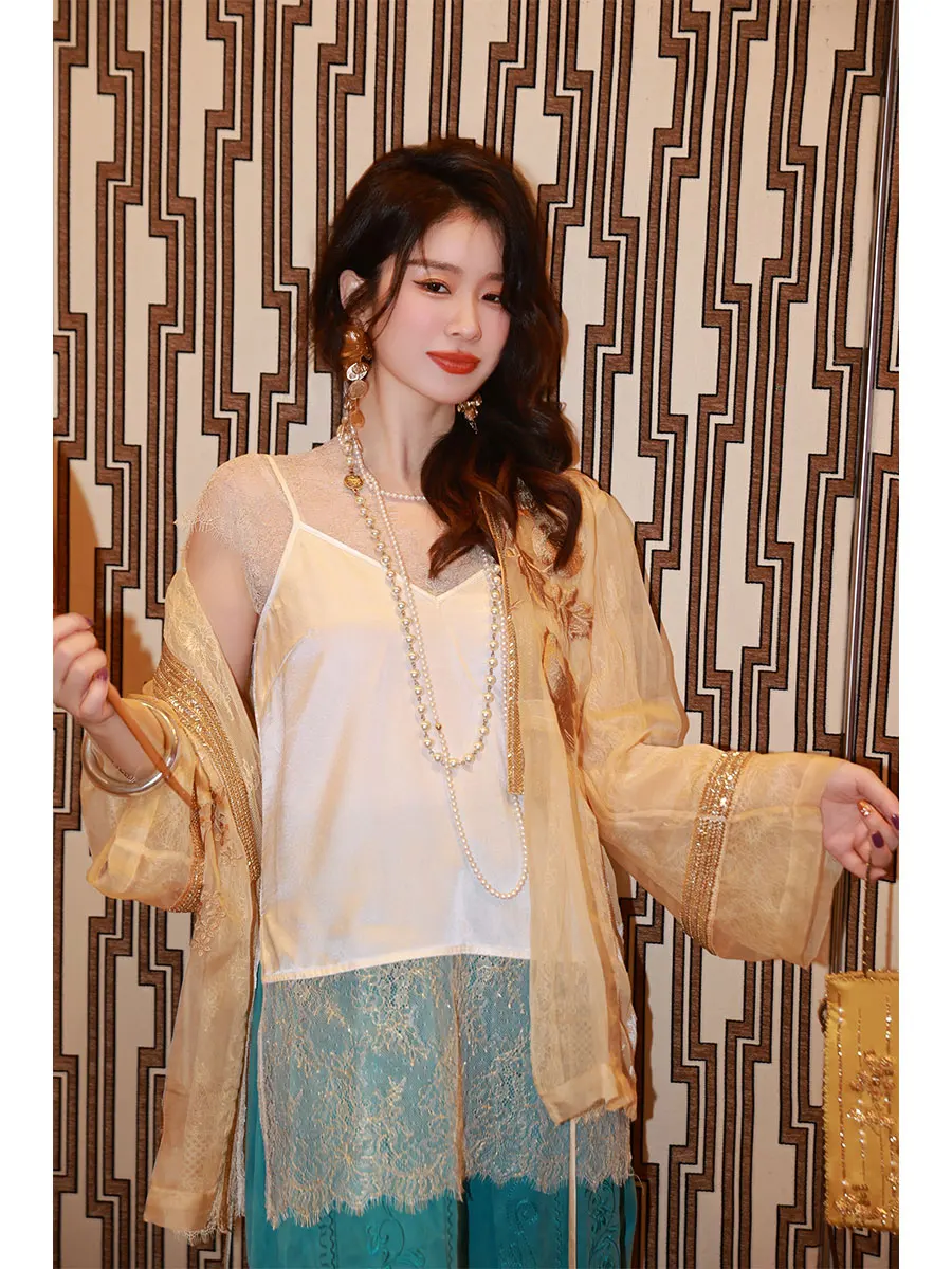 

Топ из шелковой смеси, верхняя одежда, оригинальный дизайн, элементы пэчворка, стандартный крой, женская верхняя одежда, летний сезон, однотонный цвет