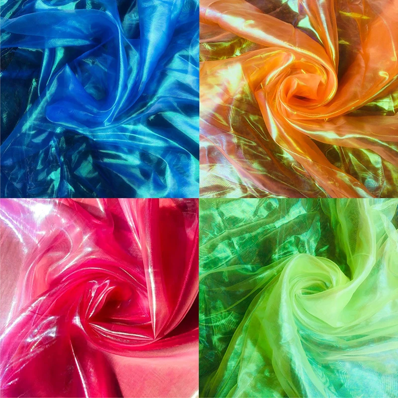 150cm*100cm Colorful Laser Tulle Fabric Organza Glass Yarn Transparent Fluorescent Yarn Silk Chiffon Sewing Mesh Cloth