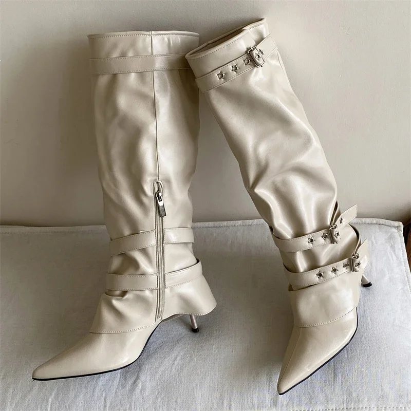 

Eilyken Sexy Thin High Heels Pointed Toe Woman Knee-High Boots Street Style Soft PU Leather Belt Buckle Strap Zipper Shoes