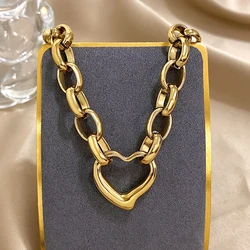 Golden Stainless Steel Irregular Hollow Heart Pendant Necklace for Women Trend Metal Thick Chain Sweater Chain Necklace Jewelry