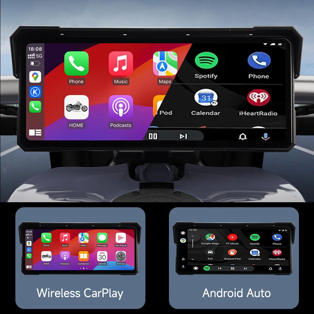 لاسلكي CarPlay أندرويد السيارات دراجة نارية لتحديد المواقع والملاحة IPX7 مقاوم للماء 8.1 بوصة شاشة الوسائط المتعددة 2K HD مسجل بلوتوث