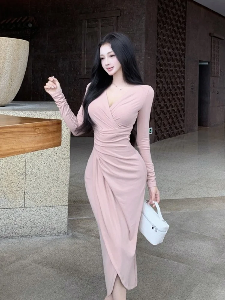 

Ele V-Ne Long Sve Dr с высокой талией, женское зимнее облегающее платье трапециевидной формы длиной до колена, сексуальное трикотажное облегающее платье