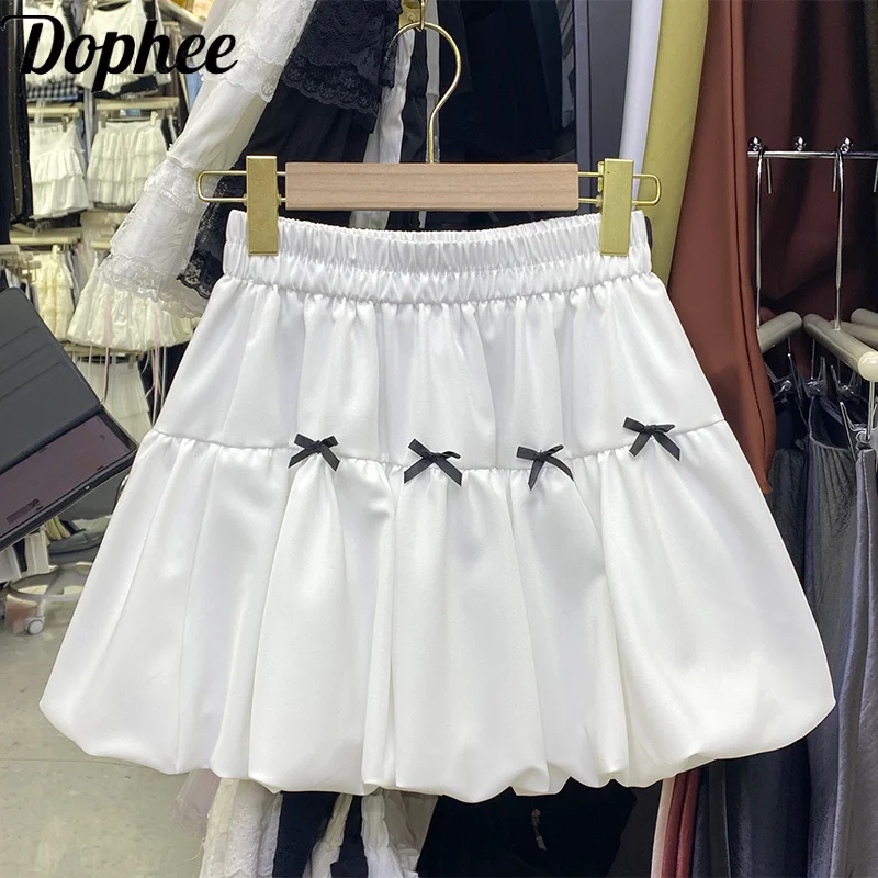 

Dophee Original Cute Bow Flowers Bud Skirt Women New Spring Summer All-match Elastic High Waist Short A-line White Lantern Skirt