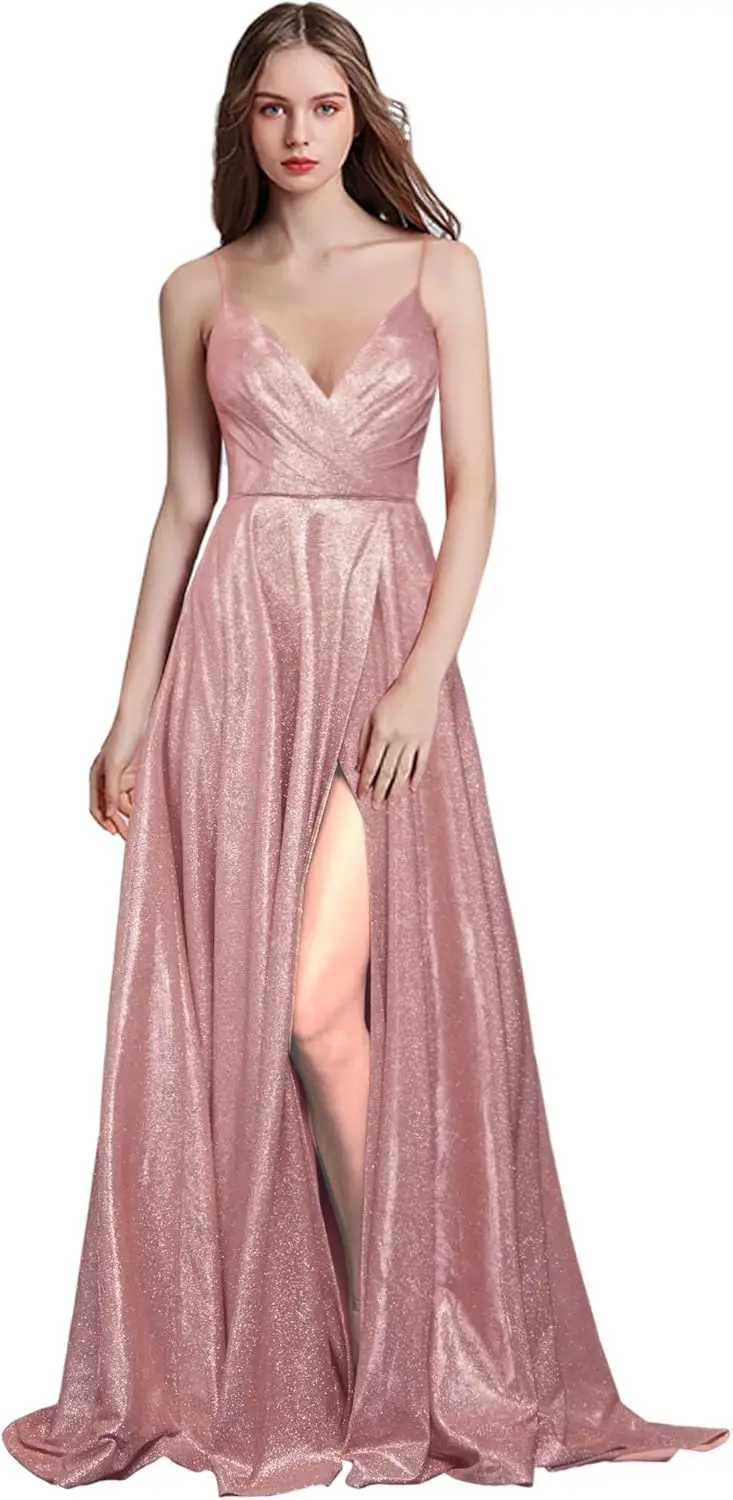 

Prom Dresses Long A Line with Pockets V Neck Formal Evening Ball Gowns Side Slit Glitter Party Dress Formal Dress Women Elegant