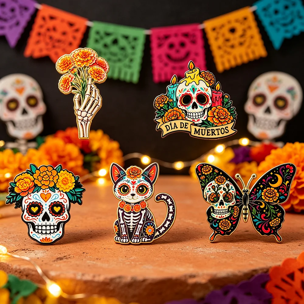 5pcs Dia De Los Muertos Enamel Pin Set, Mexican Day of The Dead Sugar Skull Skeleton Cat Butterfly Marigold Flower Brooch