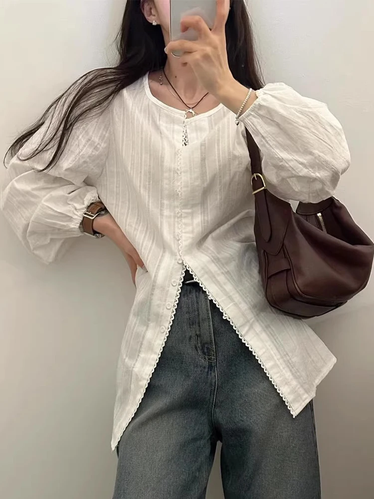 Single Breasted Woman Shirts & Blouses Korean Chic Stripe Blusas Mujer 2024 Ropa O-neck Long Sleeve Camisas Gentle Blusa