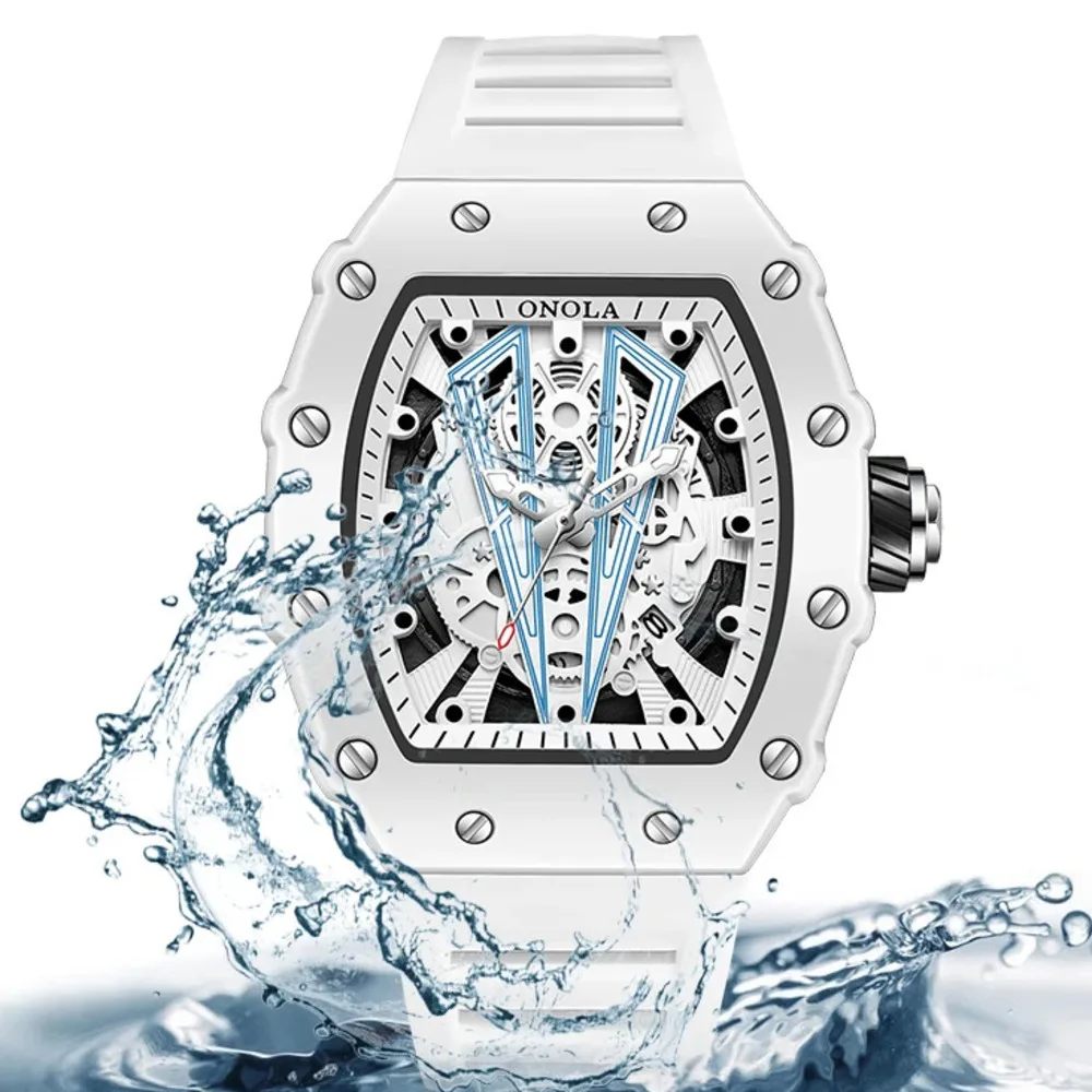 ONOLA-Montre Tonneau Blanche pour Homme, Horloge Masculine, Calendrier Showous, Degré d'Eau, Bande en Silicone