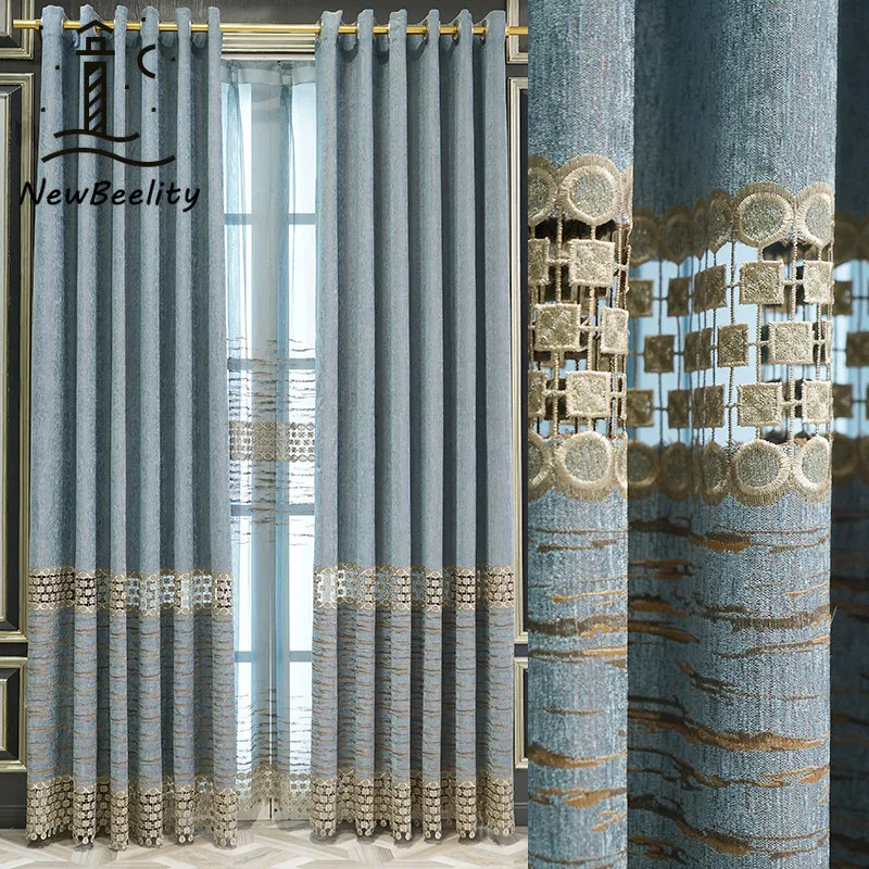 Blue Water-soluble Embroidered Curtains Chenille European Style High-end Luxury Curtains for Living Dining Room Bedroom Drapes