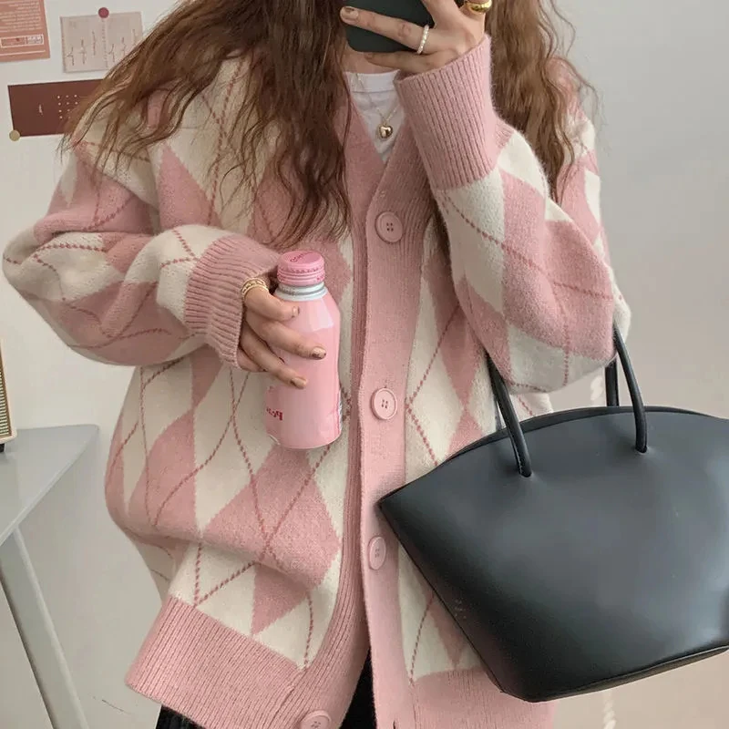 Cardigan Women Knitted Sweater Argyle Pattern Loose Long Sleeve Lovely Jumpers Fall Winter Korean Fashion Oversize Knitwear