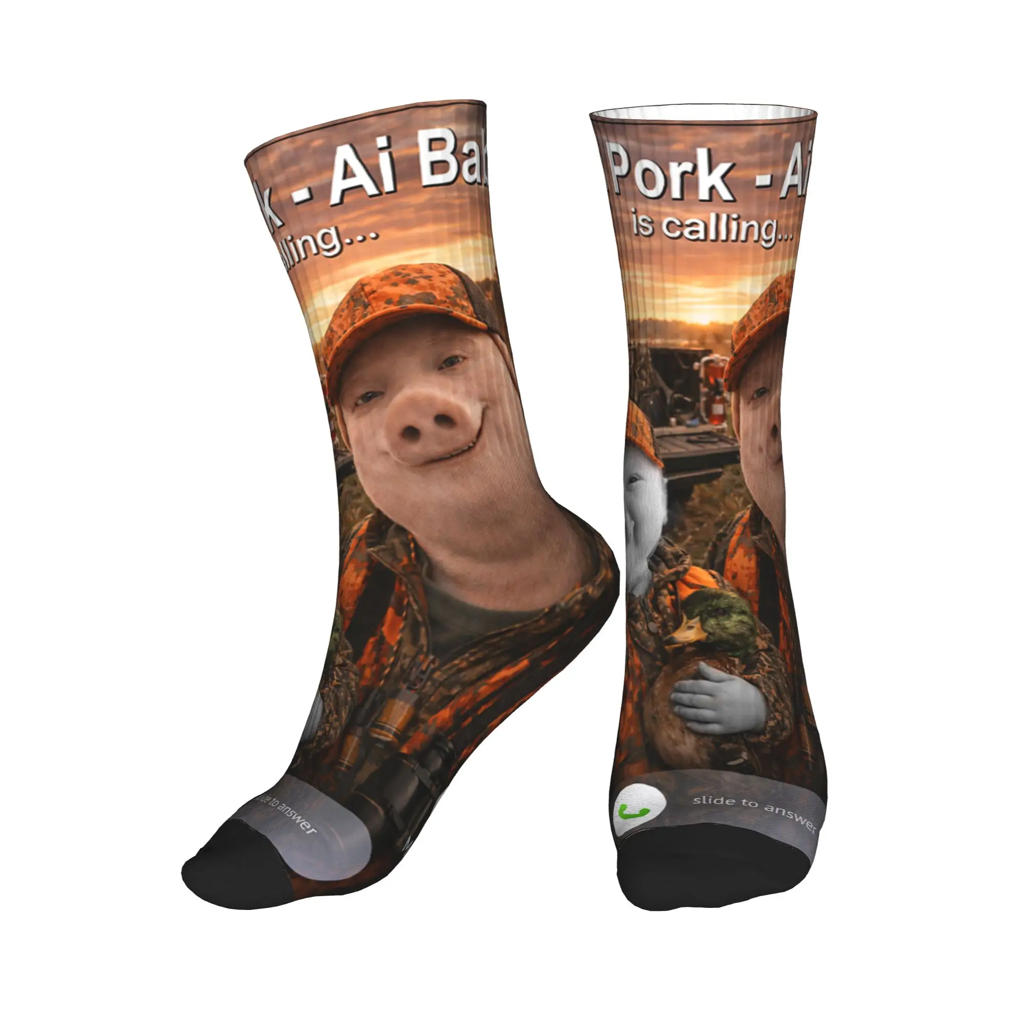 John Pork and Ai Baby is Calling Funny Duck Hunter Socks Gothic Stockings Men Comfortable Climbing Socks Winter Graphic Socks