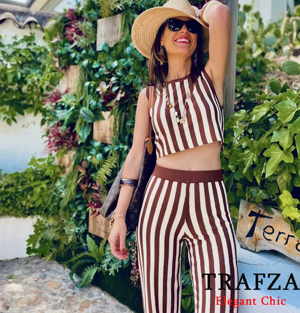 TRAFZA Casual Striped Knit Vest Set Women New 2024 Spring Summer Fasion Vacation Vest Pant Set Sleeveless Top Elastic Waist Pant