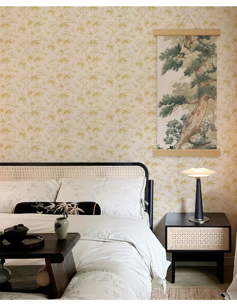 Bamboo Pattern Furniture Sticker Self-Adhesive Chinese Beige Vinyl Waterproof Peel and Stick Wallpaper for Cabinet Wardrobe Home