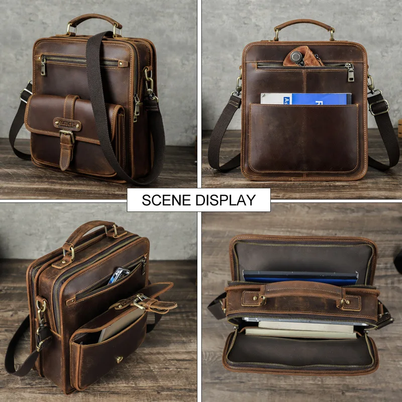 HTS-MB274 Retro Crazy Horse Leather Men's Handheld Crossbody Bag Large Capacity Genuine Leather Shoulder Bag