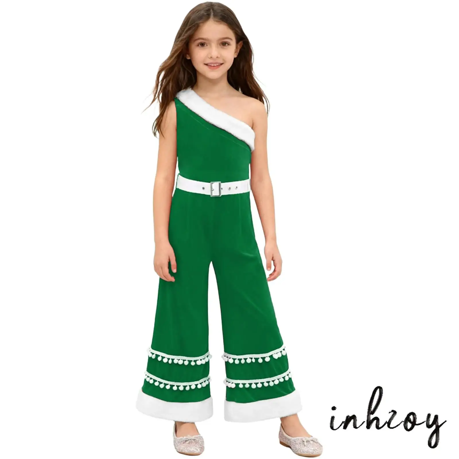 

Kids Girls Santa Claus Costume Mini Pompom Side Invisible Zipper Long Pants Christmas Jumpsuit with Waistbelt Xmas Party Costume