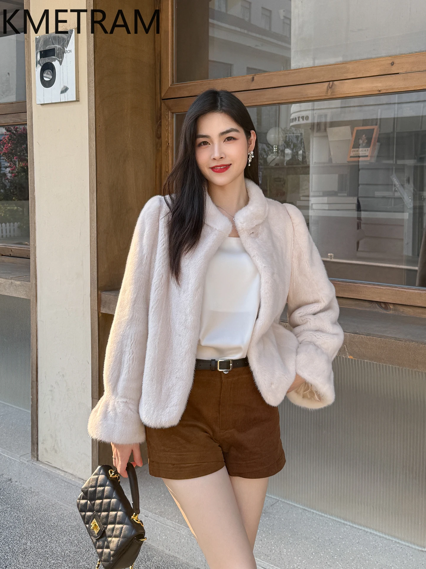 KMETRAM 100% ミンク毛皮ジャケット レディース スタンドカラー ショート丈 本物の毛皮コート フレア袖 冬服 女性用 2025年モデル