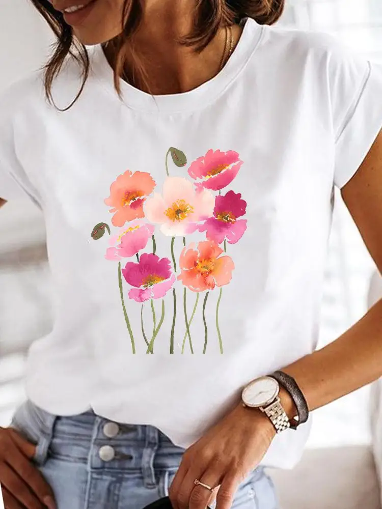 Aquarel Bloem Nieuwe 90S Casual Zomer T Kleding T-shirts Korte Mouwen Kleding Dames Vrouwen Print Mode Vrouwelijke Grafische Tee