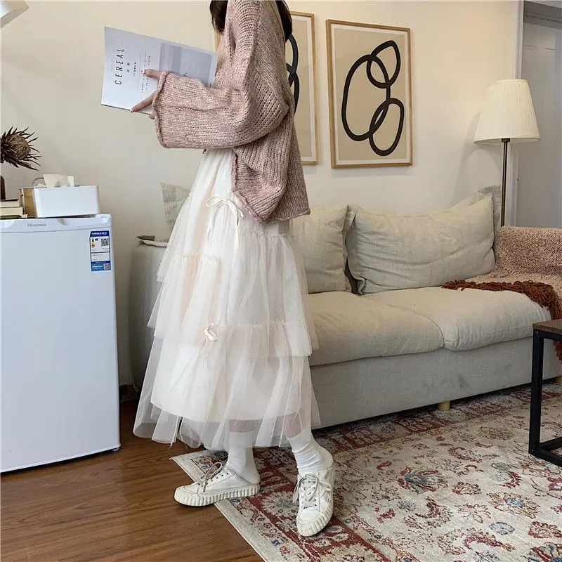 Sweet Mesh Skirts Women Girlish Bow Design Harajuku Chic Ins Mujer Faldas Casual Cute Summer Stylish Holiday Lovely Korean Style