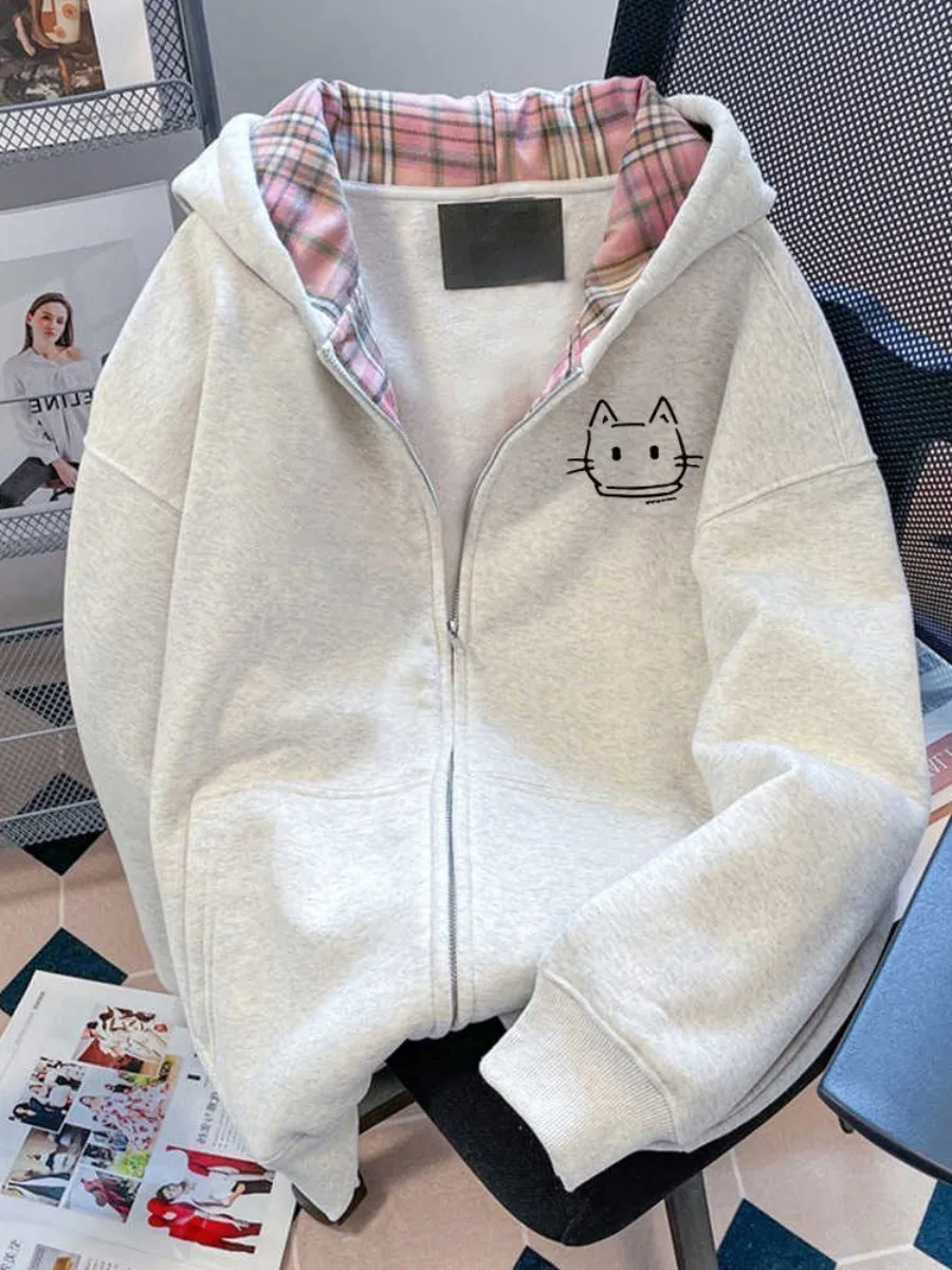 korean-print-plaid-sweet-sle-hoodie-women's-versatile-autumn-winter-sweatirt-two-piece-set-faionable-casual-outfit