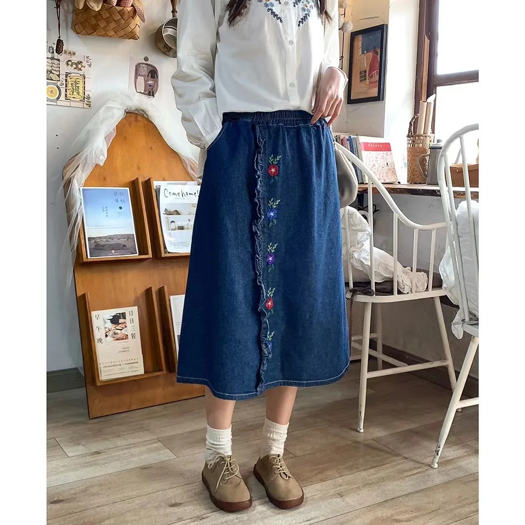 Vintage Embroidery Jeans Skirts Women Summer Harajuku Preppy Loose Long Denim Skirt Korean Fashion Ruffled Female Falda Largas