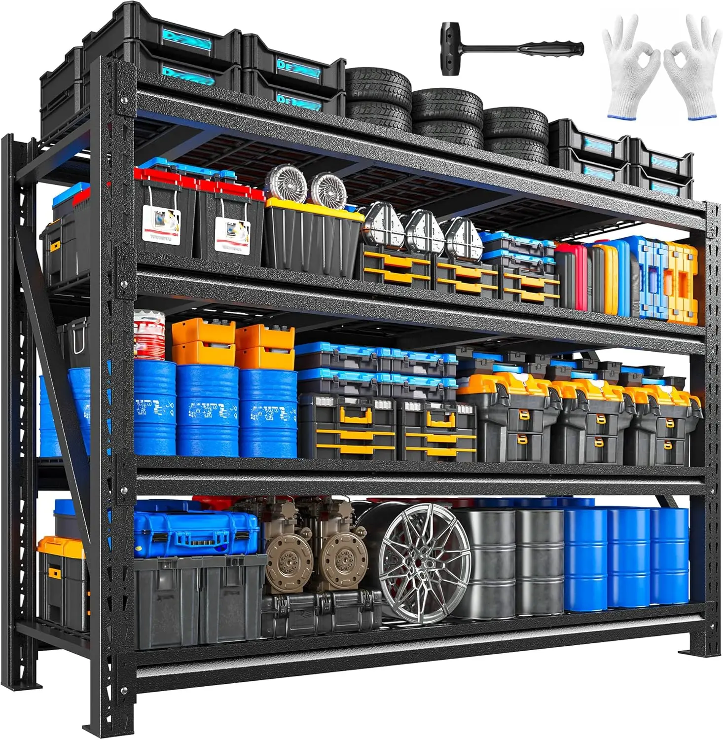 

68' Wide Heavy Duty Metal Shelves, 4-Tier Adjustable Storage for Garage or Warehouse, Black, 72'H x 23.2'D