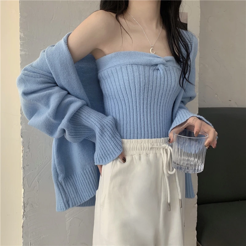 Two Pieces Sets Knitted Cardigan Elegant Women Slim Knitwear Sweater Autumn Winter Loose Solid Long Sleeves Knitwear Jumpers