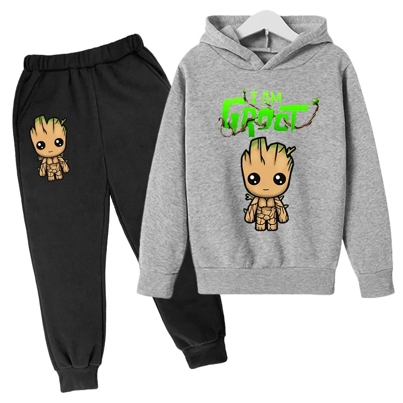 Kawaii Baby Groot Print Hoodie Children\'s Fashion Street Hoodie+Pants Suit Casual Jogging Sweatshirt  I Am Groot Funny Cartoon G