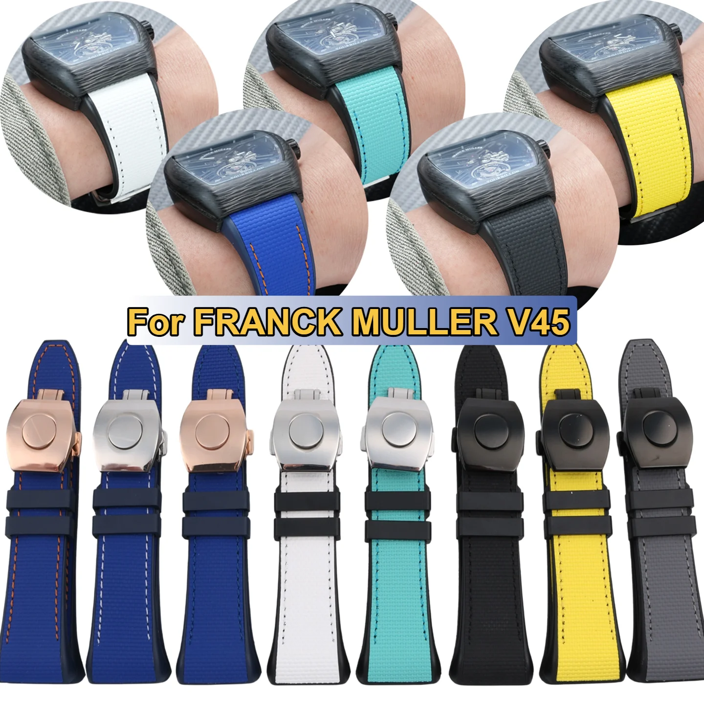 24 color Customize Quality For FRANCK MULLER V45 Watchband Fluororubber Metal Folding Buckle V45 FKM Fluorine Rubber Watch Strap