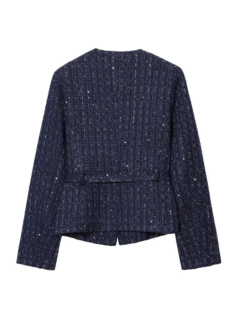 여성용 HH 2025 가을 재킷, 패션 메탈 버튼 스팽글 코트, 긴 소매 O넥 재킷, 벨트 포함, 여성 빈티지 스트리트웨어