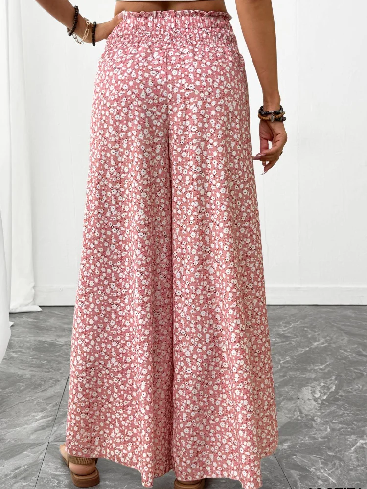 Women's Printed High-Waisted Pants, Loose Fit, Pink Small Flower Print, Elastic Drawstring, Baroque Style, Suitable for Island Vacation Daily Casual Spring/Summer Pants