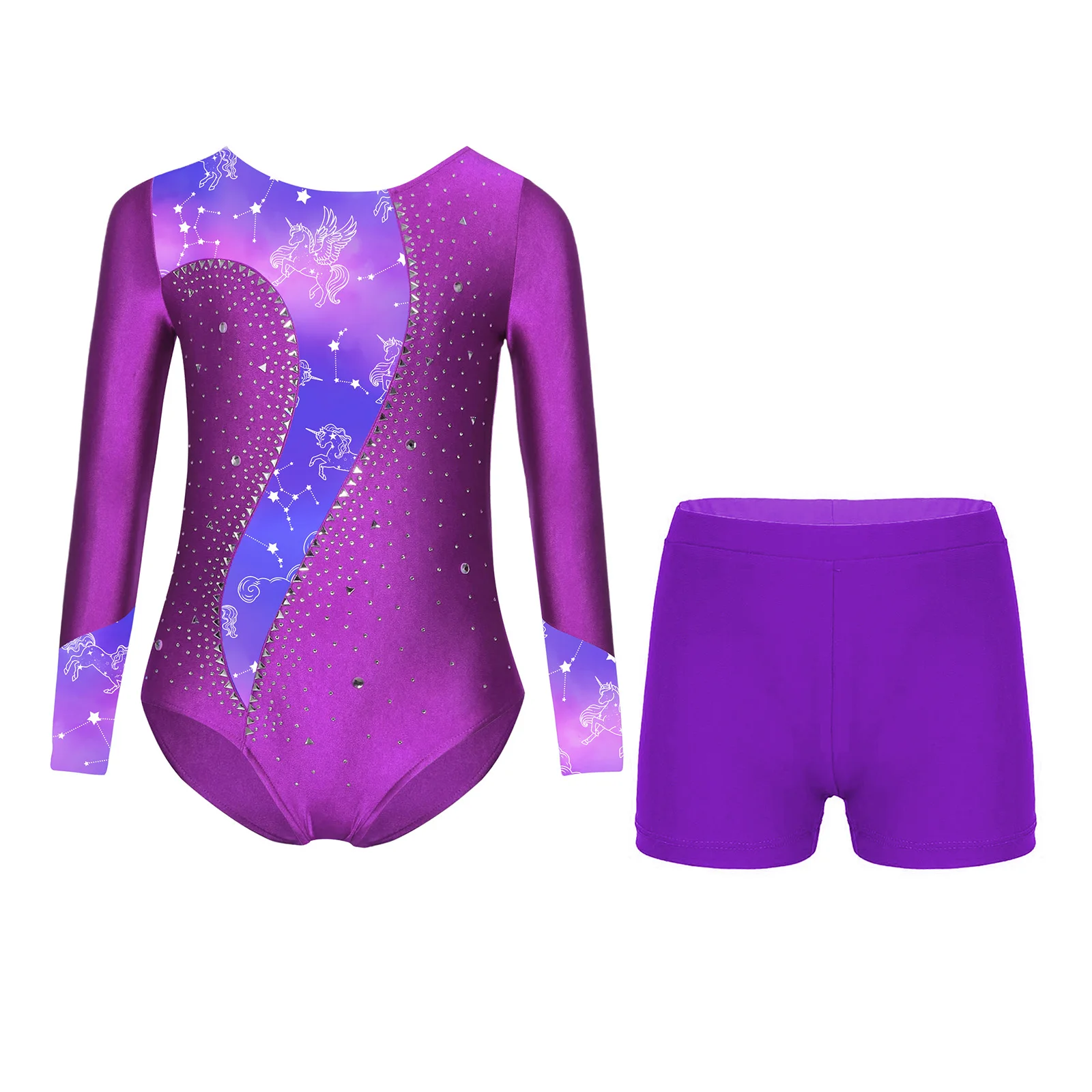 

Kids Girls Gymnastics Figure Skating Dance Outfits Shiny Rhinestone Printed Leotards Long Sleeve Crotch Button Rompers+Shorts