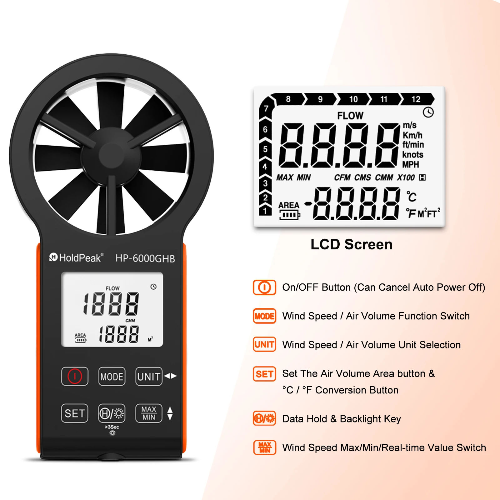 مقياس شدة الريح المحمول من HOLDPEAK، مقياس سرعة الرياح الرقمي لـ HVAC، الطيران بدون طيار، الإبحار ومراقبة الطقس، تدفق الهواء المحمول