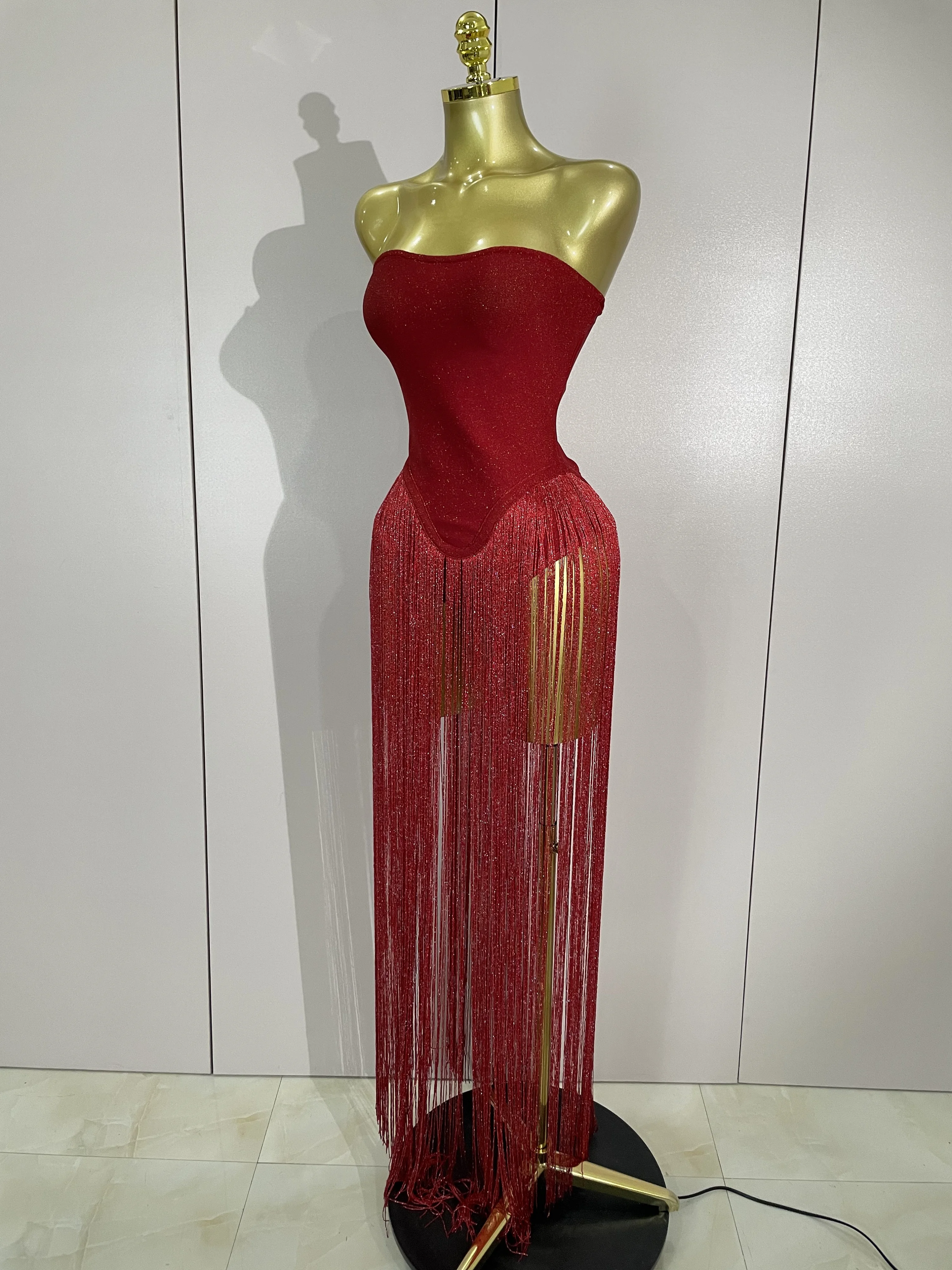 Women Sexy Red Strapless Long Tassels Bandage Bodysuit Elegant Evening Party Luxury Birthdy Nightclub Singer Stage Outfit
